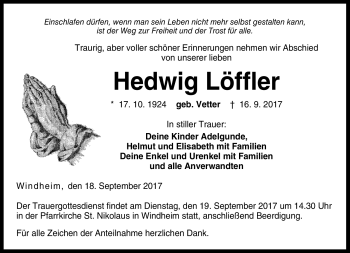 Traueranzeige von Hedwig Löffler von Neue Presse Coburg