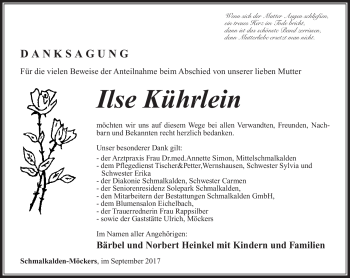 Traueranzeige von Ilse Kührlein von Südthüringer Presse