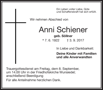 Traueranzeige von Anni Schiener von Frankenpost