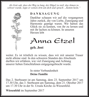 Traueranzeige von Anna Etzel von Südthüringer Presse