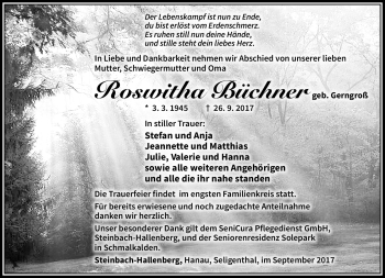 Traueranzeige von Roswitha Büchner von Südthüringer Presse