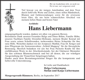 Traueranzeige von Hans Liebermann von Südthüringer Presse