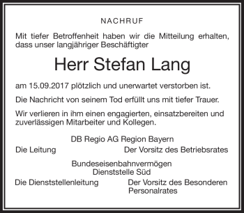 Traueranzeige von Stefan Lang von Frankenpost
