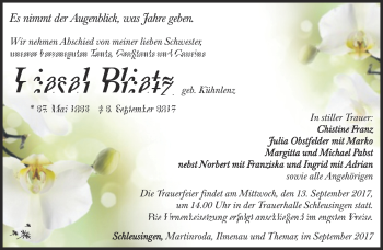 Traueranzeige von Liesel Plietz von Südthüringer Presse