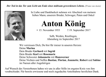 Traueranzeige von Anton König von Frankenpost
