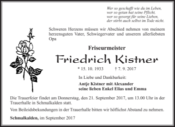 Traueranzeige von Friedrich Kistner von Südthüringer Presse