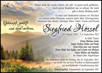 Traueranzeige von Siegfried Hössel von Südthüringer Presse