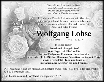 Traueranzeige von Wolfgang Lohse von Südthüringer Presse