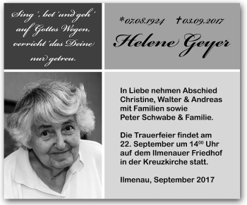 Traueranzeige von Helene Geyer von Südthüringer Presse