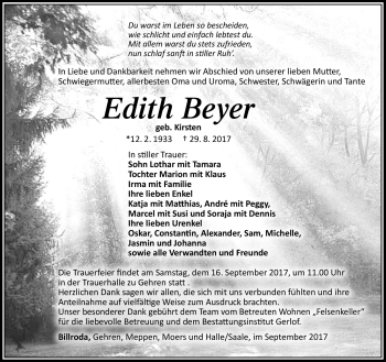 Traueranzeige von Edith Beyer von Südthüringer Presse