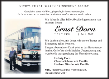 Traueranzeige von Ernst Dorn von Südthüringer Presse