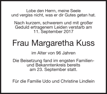 Traueranzeige von Margareth Kuss von Neue Presse Coburg