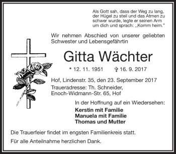 Traueranzeige von Gitta Wächter von Frankenpost
