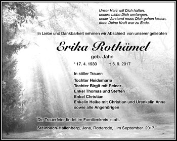 Traueranzeige von Erika Rothämel von Südthüringer Presse