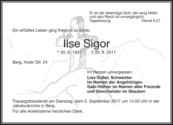 Traueranzeige von Ilse Sigor von Frankenpost