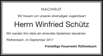 Traueranzeige von Winfried Schütz von Frankenpost