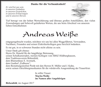 Traueranzeige von Andreas Weiße von Südthüringer Presse