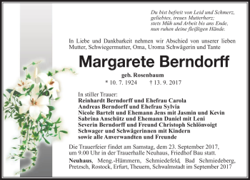 Traueranzeige von Margarete Berndorff von Südthüringer Presse