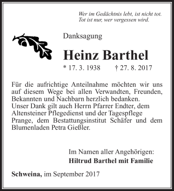 Traueranzeige von Heinz Barthel von Südthüringer Presse