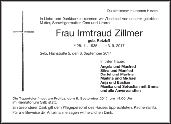 Traueranzeige von Irmtraud Zillmer von Frankenpost