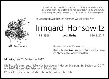 Traueranzeige von Irmgard Honsowitz von Neue Presse Coburg