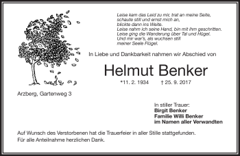 Traueranzeige von Helmujt Benker von Frankenpost