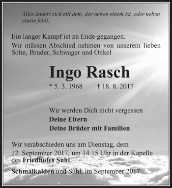 Traueranzeige von Ingo Rasch von Südthüringer Presse