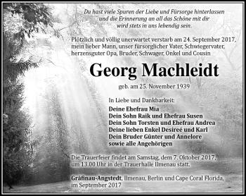 Traueranzeige von Georg Machleidt von Südthüringer Presse