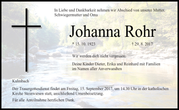 Traueranzeige von Johann Rohr von Neue Presse Coburg