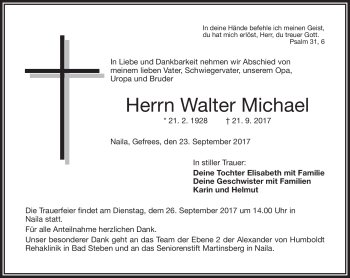 Traueranzeige von Walter Michael von Frankenpost