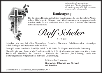 Traueranzeige von Rolf Scheler von Südthüringer Presse