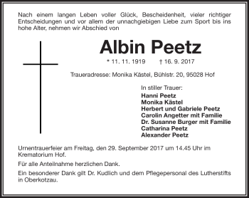 Traueranzeige von Albin Peetz von Frankenpost