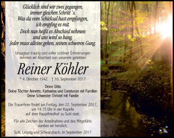 Traueranzeige von Reiner Köhler von Südthüringer Presse