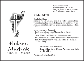 Traueranzeige von Helene Mudrak von Südthüringer Presse