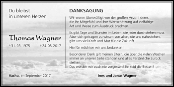 Traueranzeige von Thomas Wagner von Südthüringer Presse