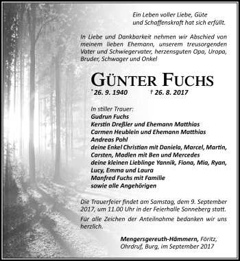 Traueranzeige von Günter Fuchs von Südthüringer Presse