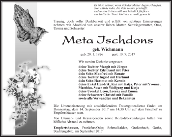 Traueranzeige von Meta Ischdons von Südthüringer Presse