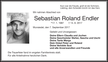 Traueranzeige von Sebastian Roland Endler von Frankenpost