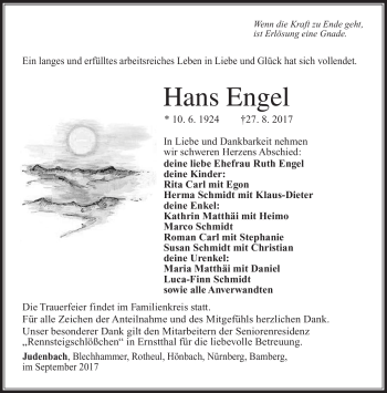 Traueranzeige von Hans Engel von Südthüringer Presse