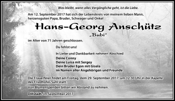 Traueranzeige von Hans-Georg Anschütz von Südthüringer Presse