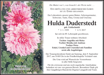 Traueranzeige von Hulda Duderstedt von Südthüringer Presse