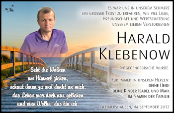 Traueranzeige von Harald Klebenow von Südthüringer Presse