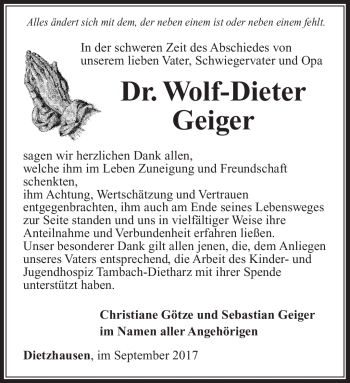 Traueranzeige von Wolf-Dieter Geiger von Südthüringer Presse