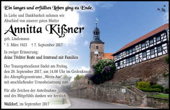 Traueranzeige von Annitta Kißner von Südthüringer Presse