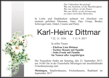 Traueranzeige von Karl-Heinz Dittmar von Südthüringer Presse