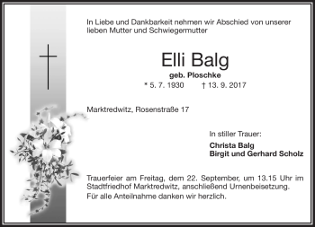 Traueranzeige von Elli Balg von Frankenpost