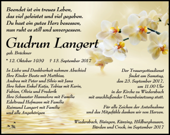 Traueranzeige von Gudrun Langert von Südthüringer Presse