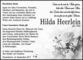 Traueranzeige von Hilda Heerlein von Südthüringer Presse