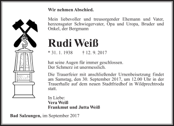 Traueranzeige von Rudi Weiß von Südthüringer Presse