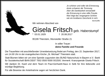 Traueranzeige von Gisela Fritsch von Frankenpost